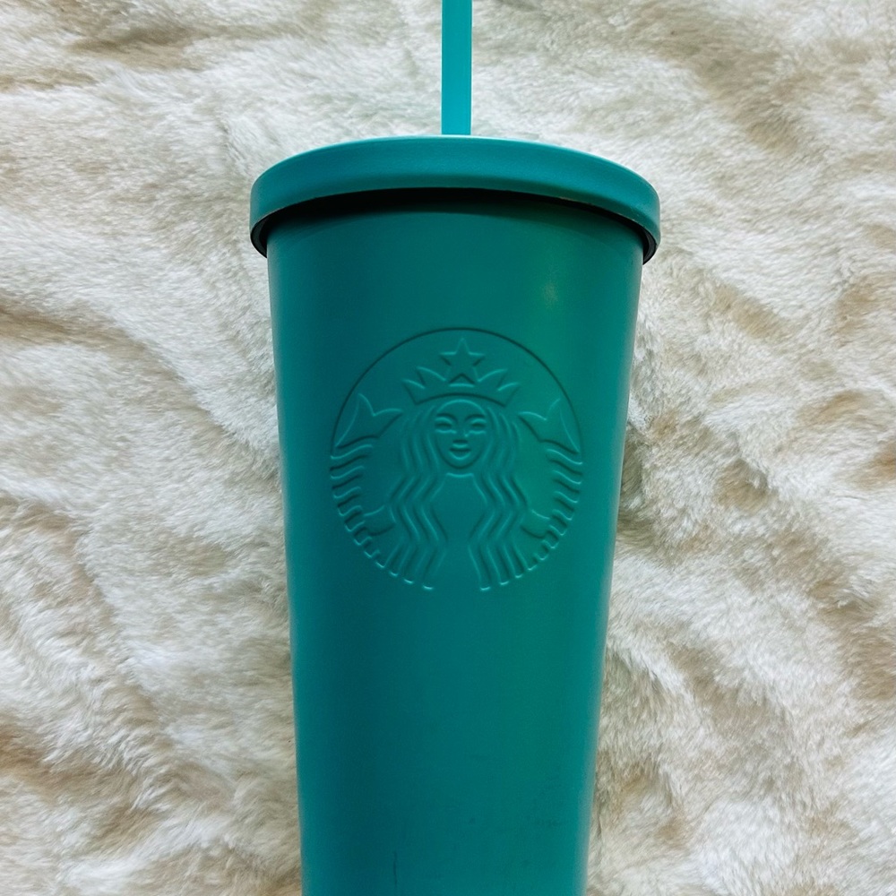 Starbucks 2015 Stainless Steel 16 oz Tumbler Teal Blue Logo Cold Cup w/Straw NEW